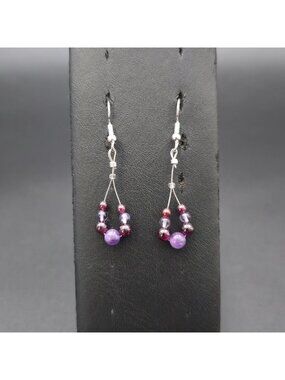 Natural Amethyst Beaded Teardrop Dangle Earrings A7823